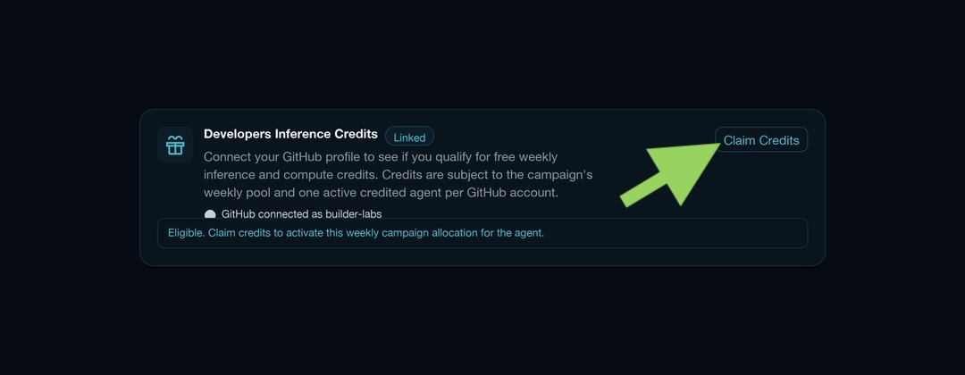Developers Inference Credits card showing GitHub connected and an arrow pointing to the Claim Credits button