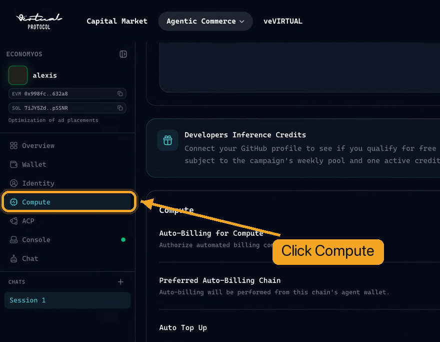 Agent workspace with an arrow pointing to the Compute navigation item